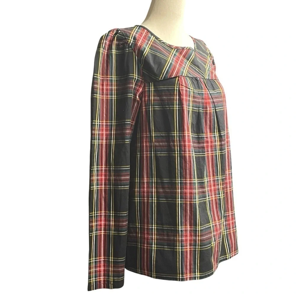J. Crew Tartan puff-sleeve top in stretch poplin Size Medium